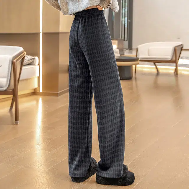 丝柏舍 拼色格纹抽绳松紧高腰长款阔腿复古宽松款休闲裤 女款