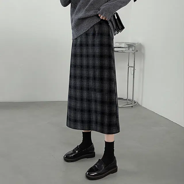 丝柏舍 高腰格子半身裙复古修身开叉休闲长裙 女款 黑灰蓝格