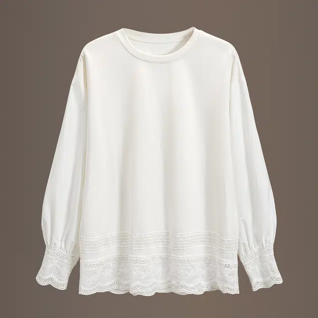 她池 设计感蕾丝拼接纯色圆领套头宽松款长袖卫衣 女款 白色