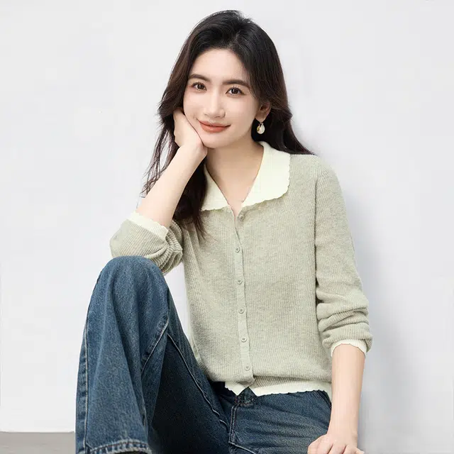 丝柏舍 花边翻领拼色单排扣开衫针织衫 女 灰杏色