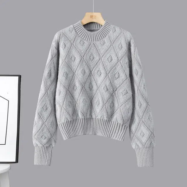 她池 甜美宽松圆领撞色落肩长袖套头上衣毛衣 女款