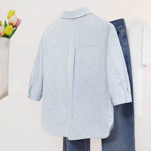 她池 潮流印花简约舒适百搭七分袖衬衫 女款 蓝色条纹