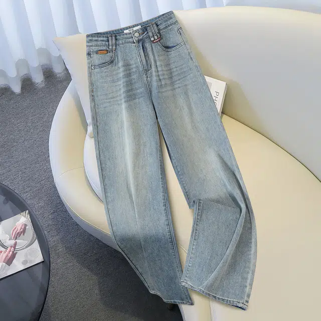 她池 港风做旧水洗高腰休闲风长款直筒牛仔裤 女款