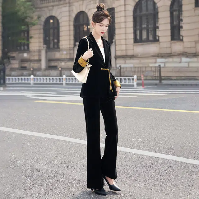丝柏舍 撞色翻领百搭长袖外套微喇时尚纯色长裤休闲套装 女款 黑色