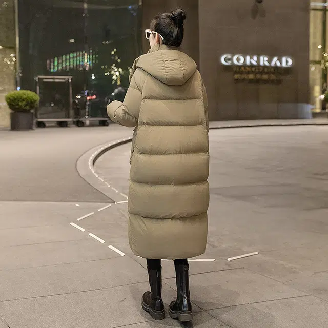 丝柏舍 连帽中长款纯色过膝遮肉宽松简约保暖长袖棉服 女款 卡其绿