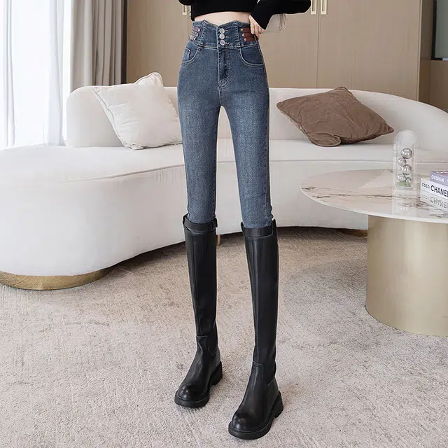丝柏舍 休闲不规则排扣高腰铅笔裤修身长款小众牛仔裤 女款 复古深蓝