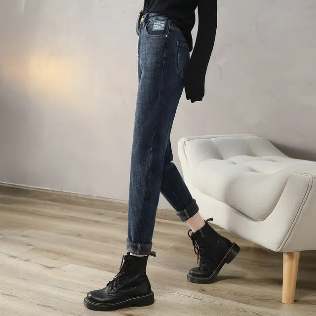 丝柏舍 纯色水洗长裤显瘦纽扣舒适高腰加绒哈伦牛仔裤 女款