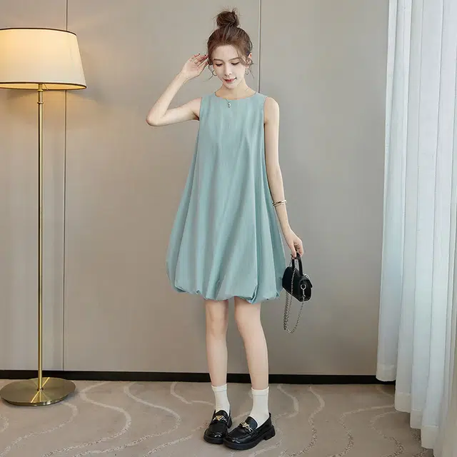 丝柏舍 纯色宽松花苞裙清新圆领短款减龄无袖连衣裙 女款 湖蓝色