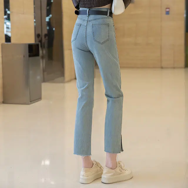 丝柏舍 修身直筒水洗开叉九分口袋高腰简约牛仔裤 女款 浅蓝色