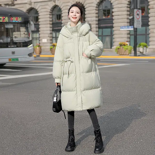 丝柏舍 纯色中长款保暖外套显瘦连帽休闲长袖棉服 女款 青米色
