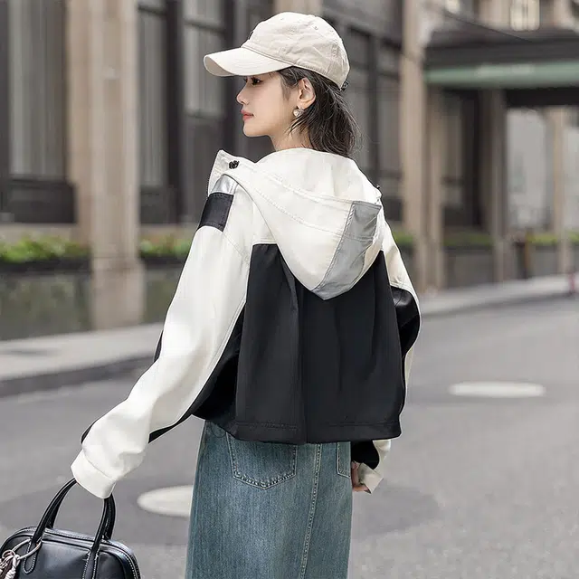 丝柏舍 设计感连帽宽松休闲夹克外套 女款 黑白拼色