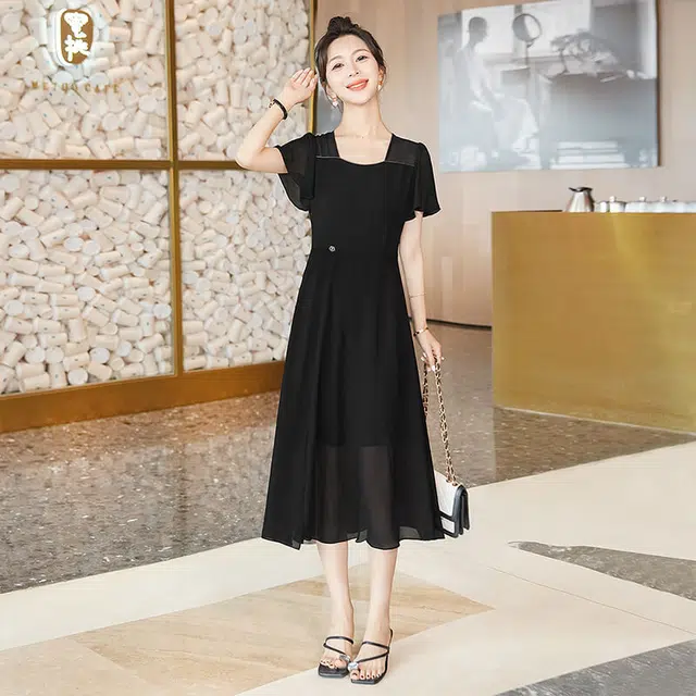 丝柏舍 纯色拼接中长款收腰气质优雅开叉短袖连衣裙 女款 黑色