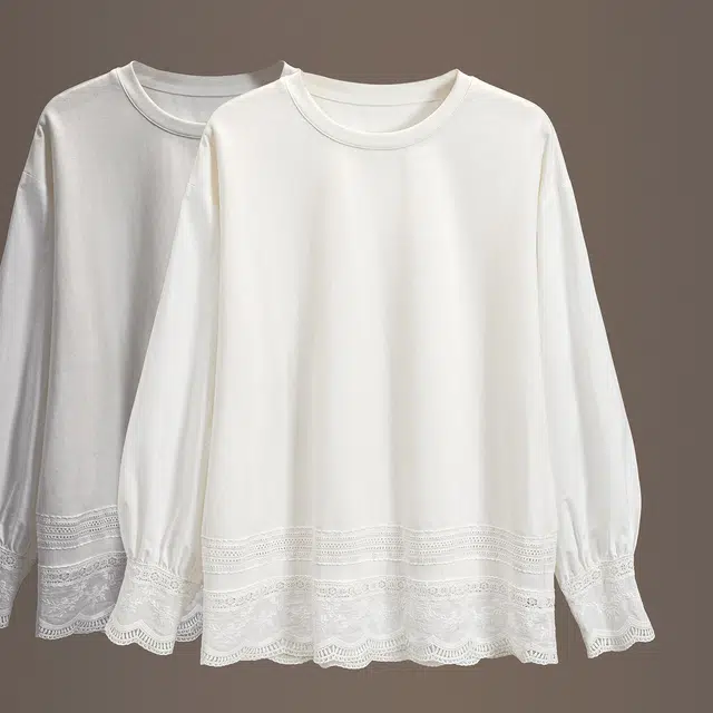 她池 设计感蕾丝拼接纯色圆领套头宽松款长袖卫衣 女款 白色