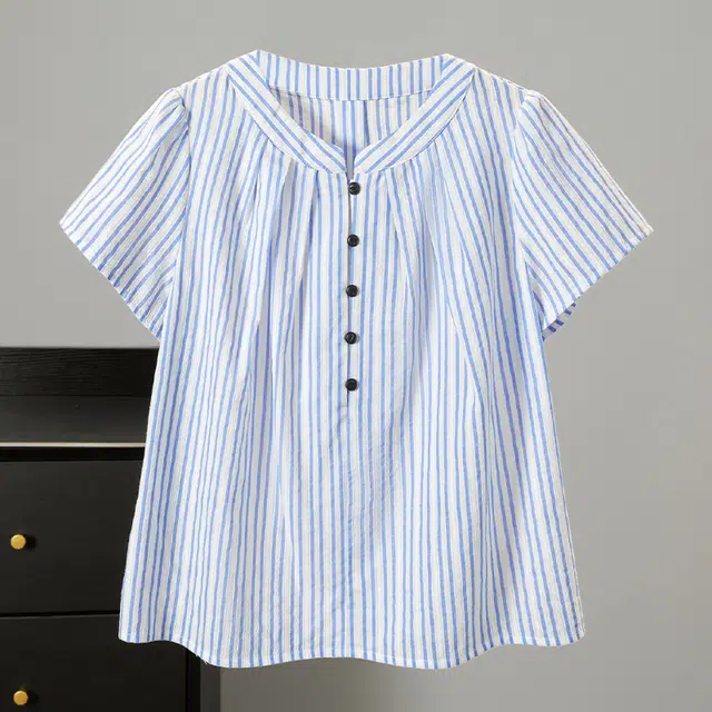 她池 宽松百搭简约短袖衬衫 女款 蓝色条纹