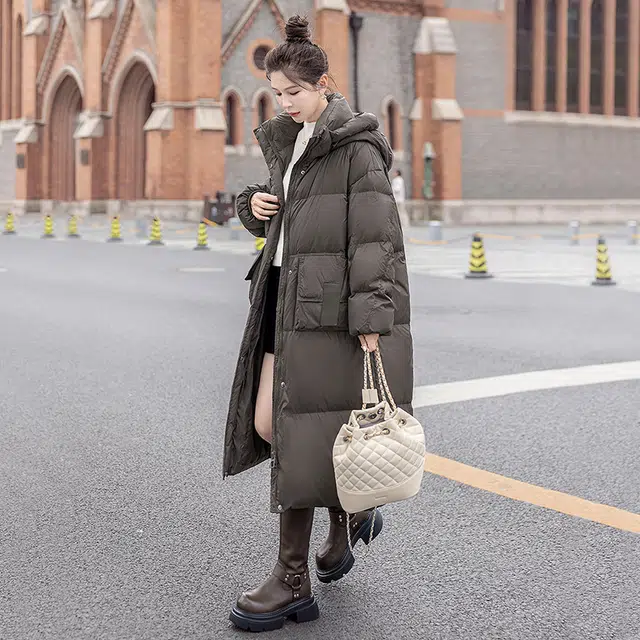 丝柏舍 纯色百搭长款连帽简约休闲羽绒服 女款 灰咖色