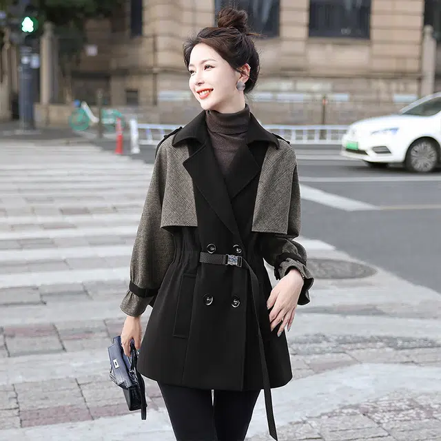丝柏舍 拼色中长款双排扣外套长袖格纹拼接收腰西装领风衣 女款