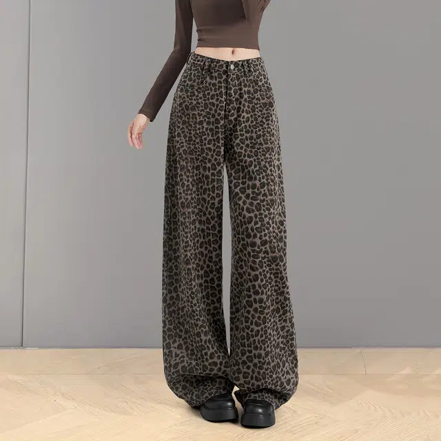 她池 文艺复古风高腰长款水洗阔腿牛仔裤 女款 豹纹