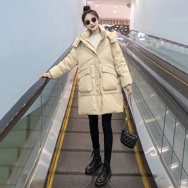 丝柏舍 宽松口袋休闲保暖中长款长袖小个子纯色连帽棉服 女款