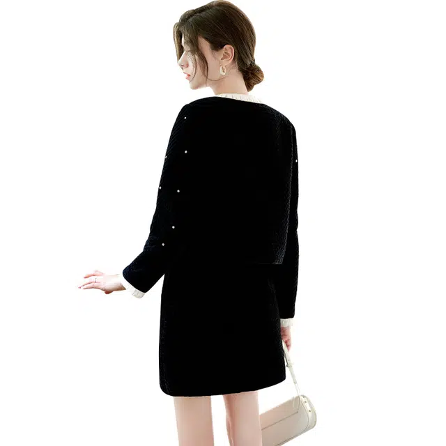 她池 时尚小香风长袖舒适简约气质半身裙裙装套装 女款 黑色