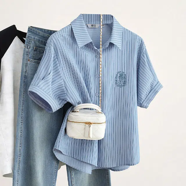 她池 通勤宽松休闲衬衣翻领短袖条纹衬衫 女款
