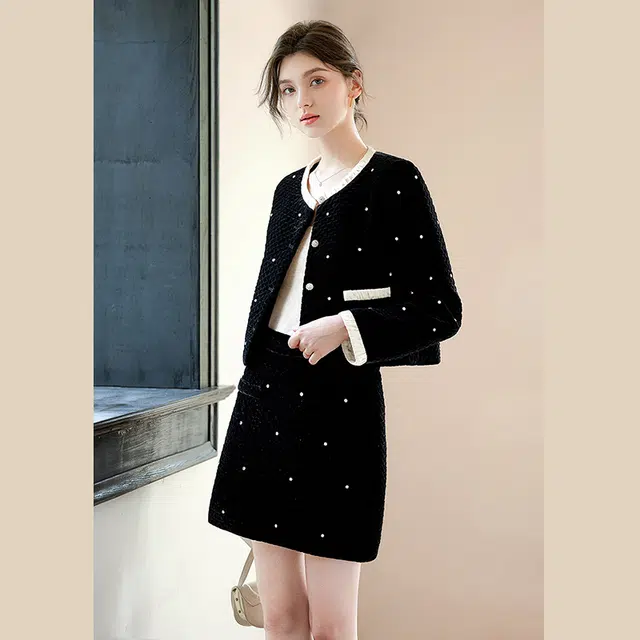 她池 时尚小香风长袖舒适简约气质半身裙裙装套装 女款 黑色