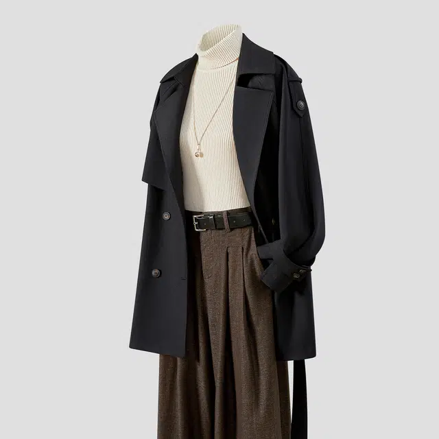 她池 英伦风外套翻领双排扣纯色中长款插肩长袖风衣 女款