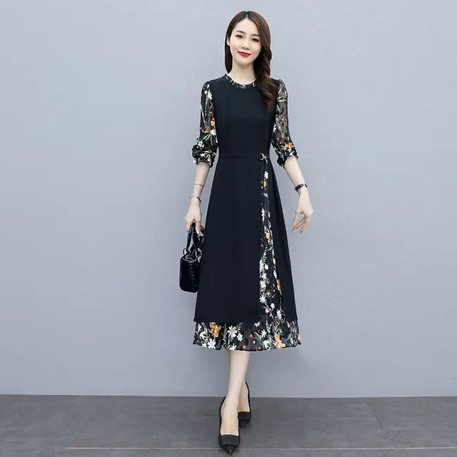 丝柏舍 拼接开叉印花中长裙木耳边假两件修身长袖连衣裙 女款 黑色