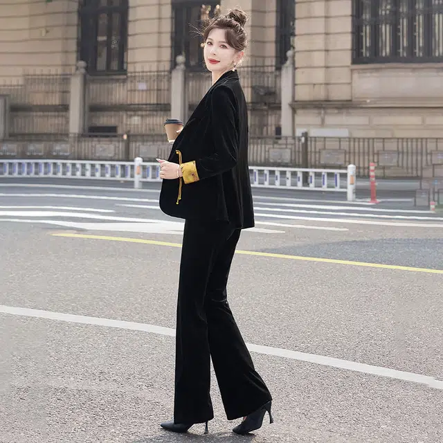 丝柏舍 撞色翻领百搭长袖外套微喇时尚纯色长裤休闲套装 女款 黑色