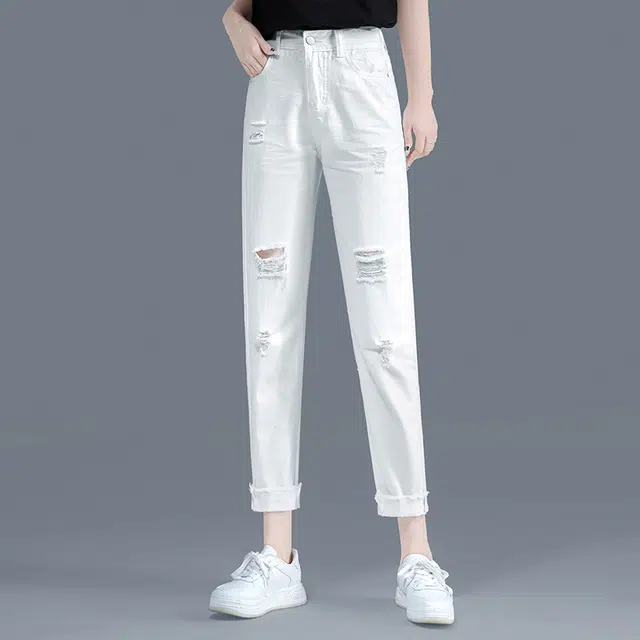 丝柏舍 纯色简约破洞哈伦裤九分显瘦口袋水洗卷边牛仔裤 女款