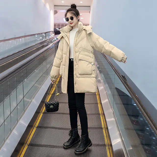 丝柏舍 宽松口袋休闲保暖中长款长袖小个子纯色连帽棉服 女款
