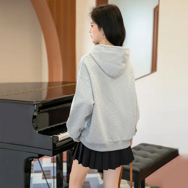 丝柏舍 长袖卫衣撞色字母休闲抽绳连帽套头上衣 女款 浅灰色