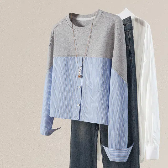 她池 圆领通勤简约撞色拼接长袖衬衫 女款