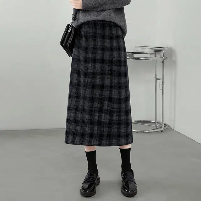 丝柏舍 高腰格子半身裙复古修身开叉休闲长裙 女款 黑灰蓝格