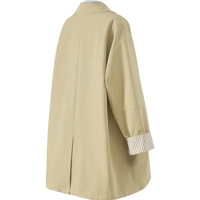 她池 通勤简约风纯色翻领单排扣宽松款落肩长袖风衣 女款 卡其绿