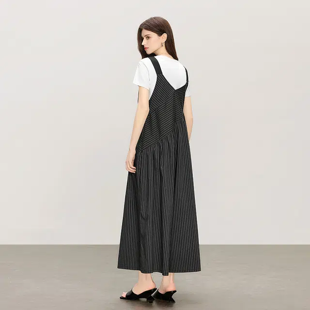 她池 减龄拼接宽松款阔腿休闲长款无袖连体衣 女款 条纹