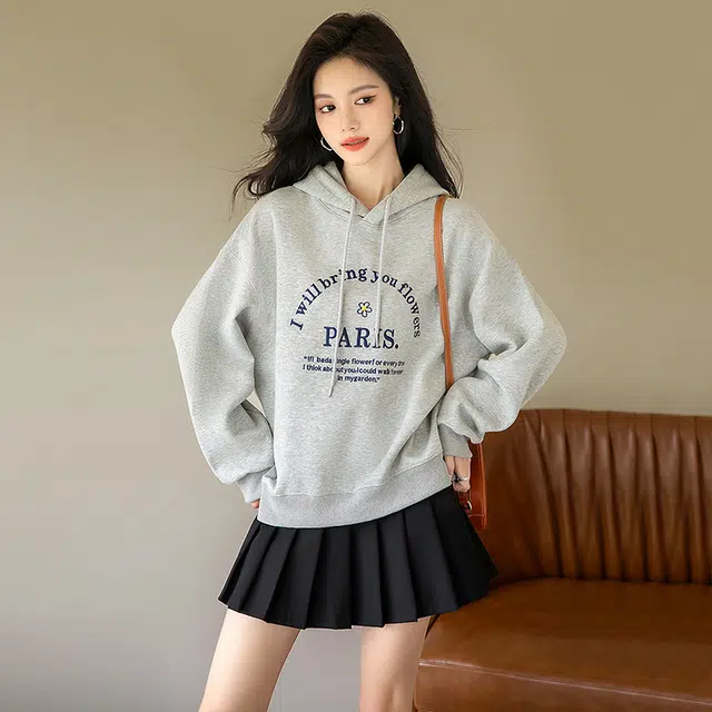 丝柏舍 长袖卫衣撞色字母休闲抽绳连帽套头上衣 女款 浅灰色