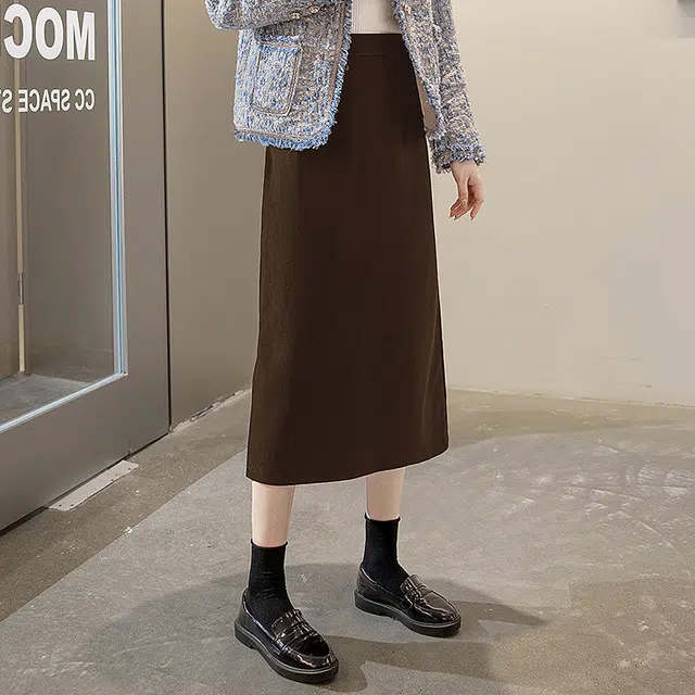 丝柏舍 高腰纯色显瘦半身裙中长款简约开叉休闲长裙 女款
