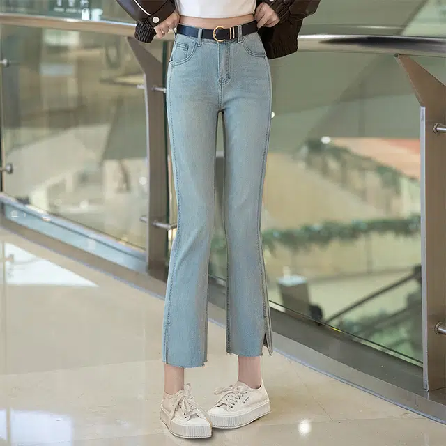 丝柏舍 修身直筒水洗开叉九分口袋高腰简约牛仔裤 女款 浅蓝色