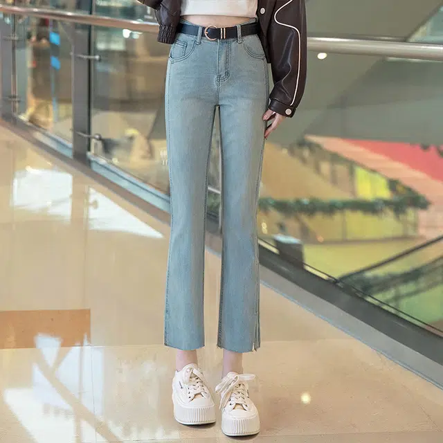 丝柏舍 修身直筒水洗开叉九分口袋高腰简约牛仔裤 女款 浅蓝色