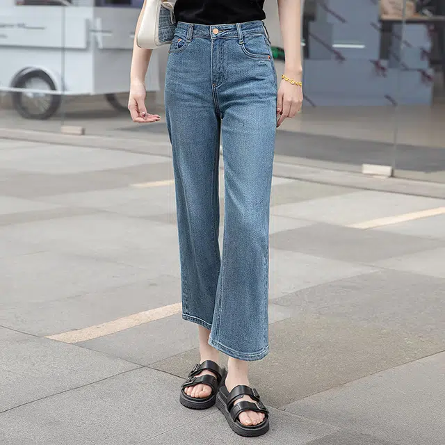 丝柏舍 高腰直筒九分水洗简约时尚牛仔裤 女款 浅蓝色