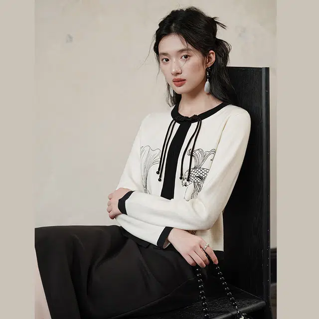 丝柏舍 时尚动物图案圆领复古一粒扣长袖针织衫 女款 米白色