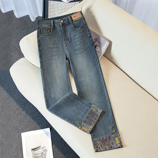 丝柏舍 直筒九分高腰拼接水洗爱心纽扣装饰修身牛仔裤 女款 深蓝色