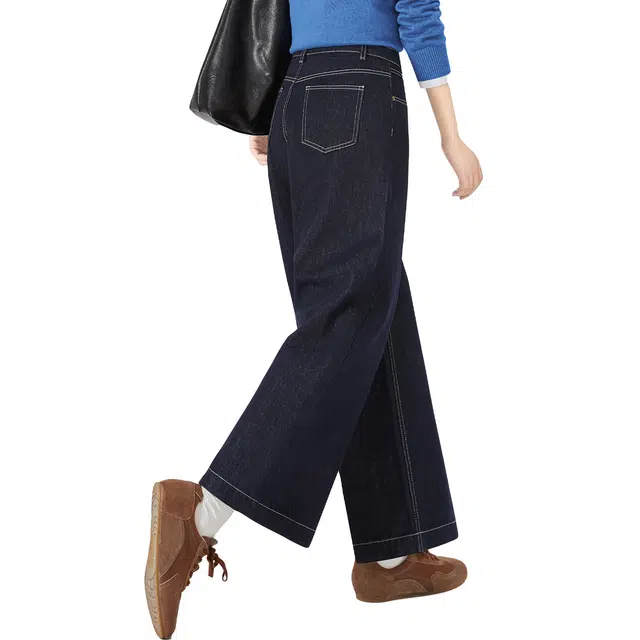 她池 简约通勤风水洗高腰纯色长款阔腿牛仔裤 女款