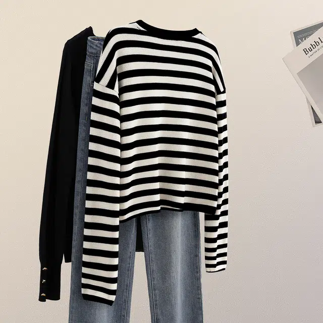 她池 圆领套头撞色慵懒风落肩长袖卫衣 女款 黑米条纹