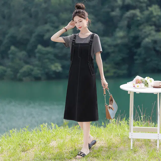 丝柏舍 假两件拼接拼色简约修身短袖连衣裙 女款 上浅灰下黑