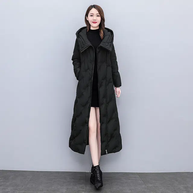 丝柏舍 长款过膝保暖收腰气质纯色简约长袖连帽棉服 女款 黑色
