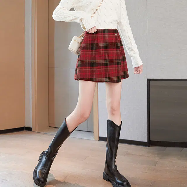 她池 学院风高腰拉链阔腿休闲短裤 女款 红色格纹