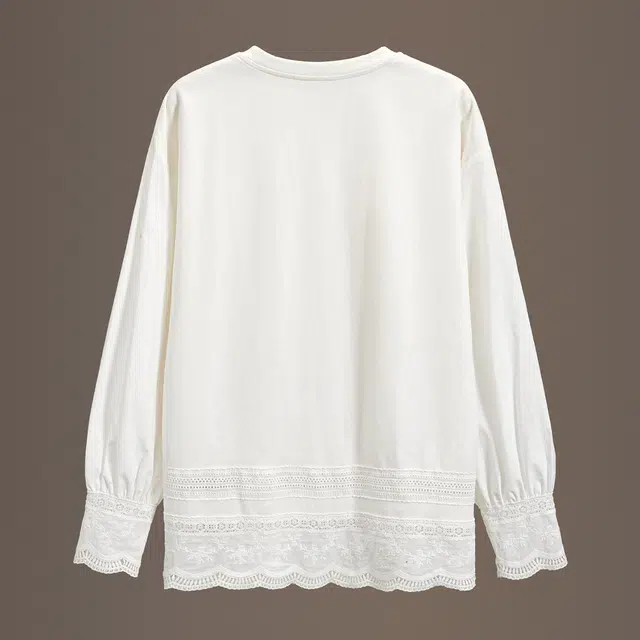 她池 设计感蕾丝拼接纯色圆领套头宽松款长袖卫衣 女款 白色