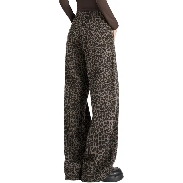 她池 文艺复古风高腰长款水洗阔腿牛仔裤 女款 豹纹