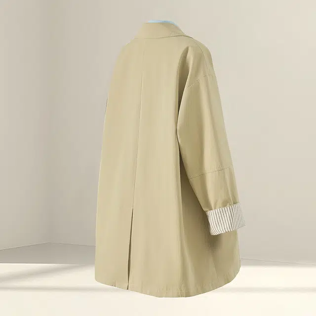 她池 通勤简约风纯色翻领单排扣宽松款落肩长袖风衣 女款 卡其绿